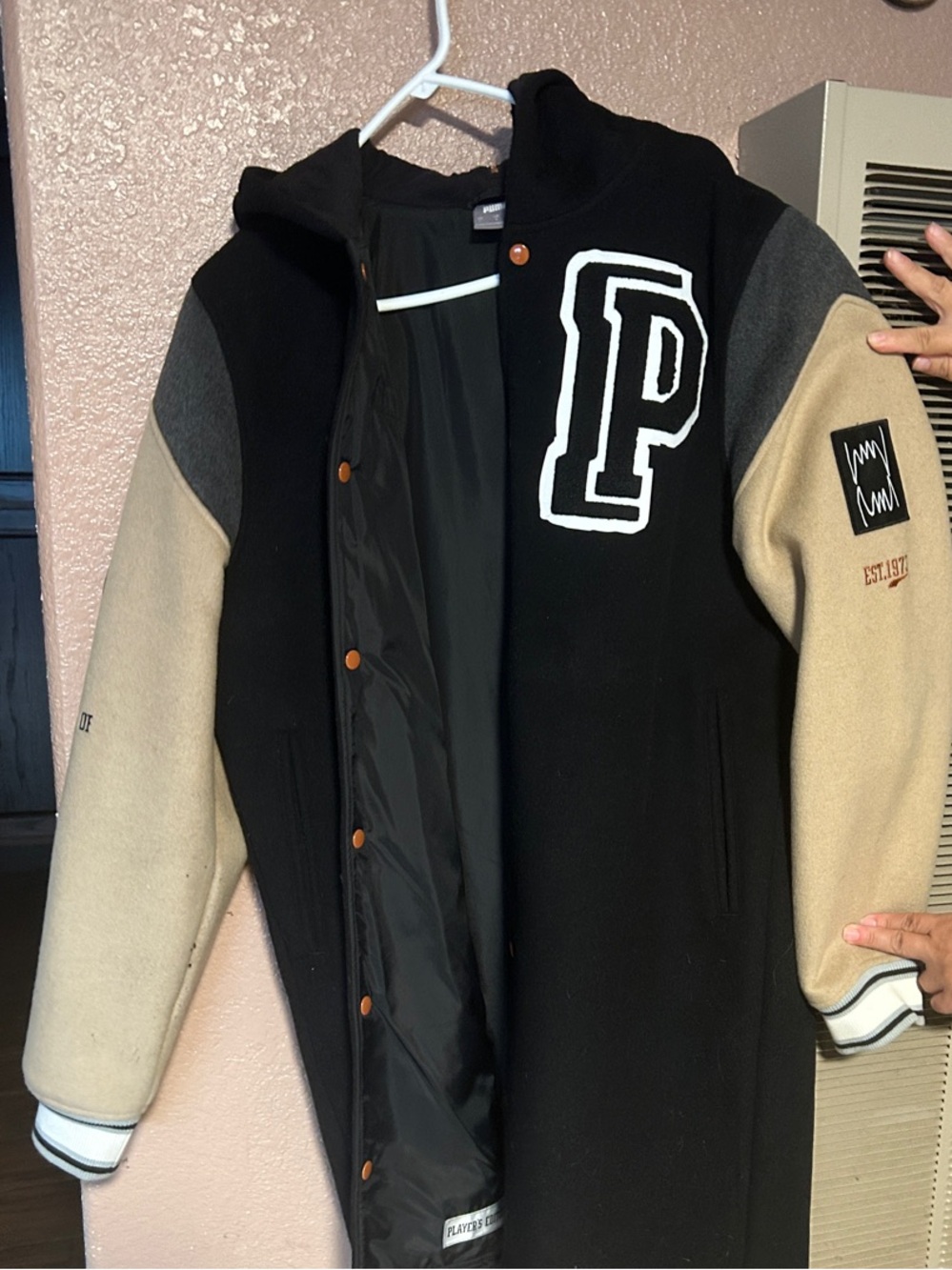 Puma Black, Beige & Gray Letterman-Style Kids Coat with 'P' Patch, reversable